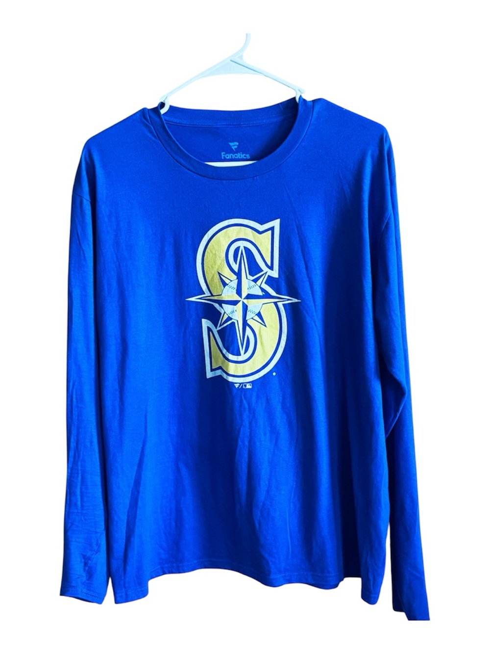 Men's or women's long sleeve crew neck tee with Sounders logo in bright yellow.